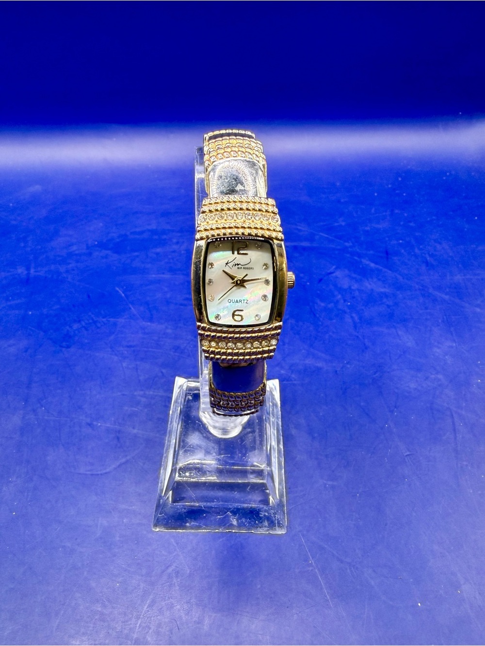 Kim Rogers Two-Tone Crystal Bangle Cuff Watch MOP Dial Quartz New Battery